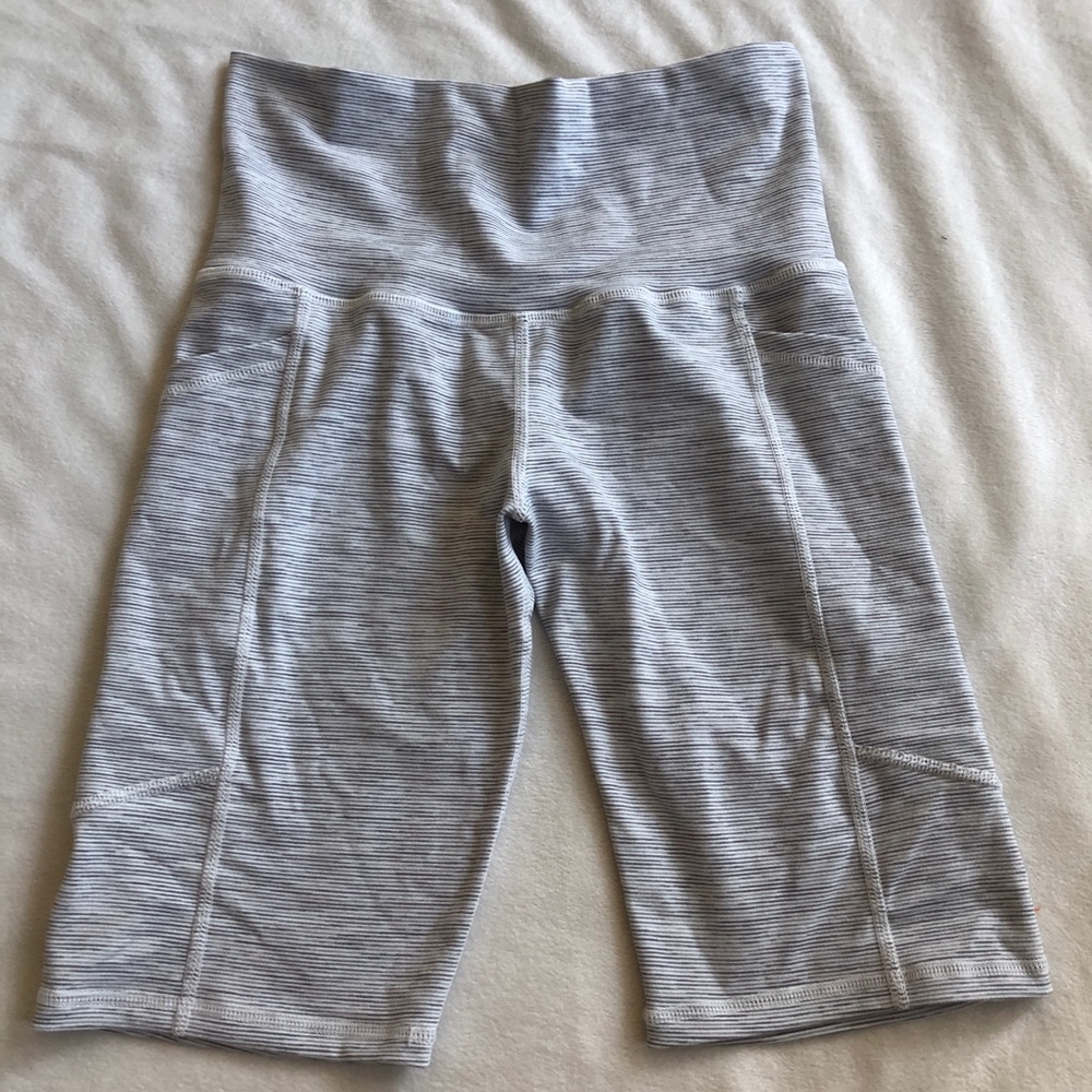 white striped high waisted long biker shorts